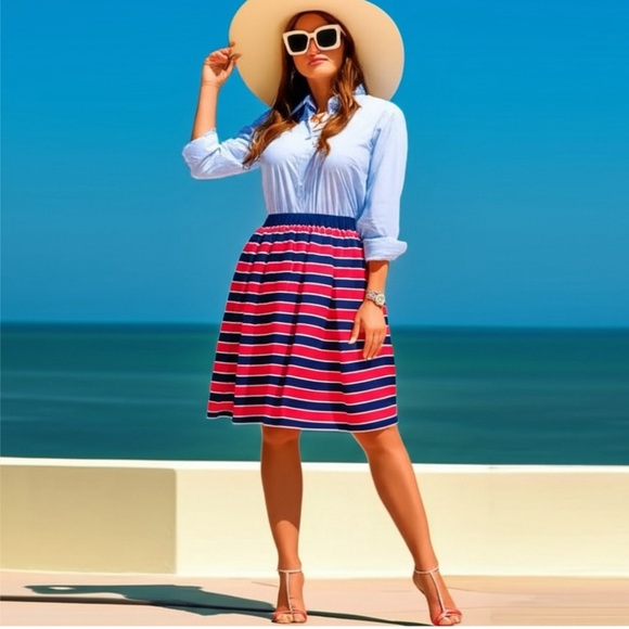 J. CREW 100% Silk Skirt A Line Pleated Retro Style Navy Red Stripe Pleats Sz 2 - Picture 13 of 13